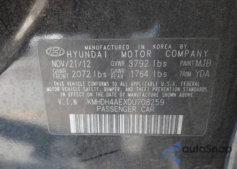 2013 Hyundai Elantra Gls из США, поврежденный, VIN KMHDH4AEXDU708259